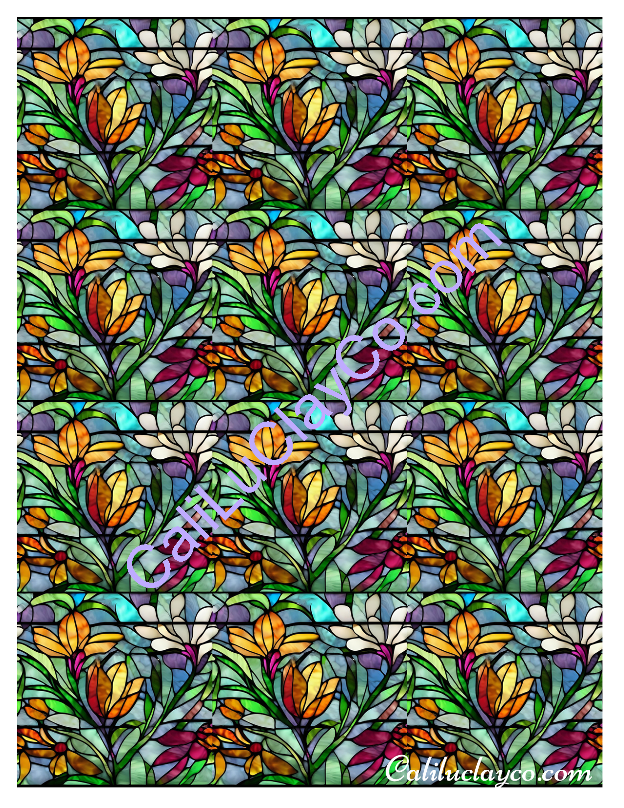Floral Stained Glass #11 MULTI Left & Right Polymer Clay Water-Soluble Transfer Sheet / Tattoo Paper
