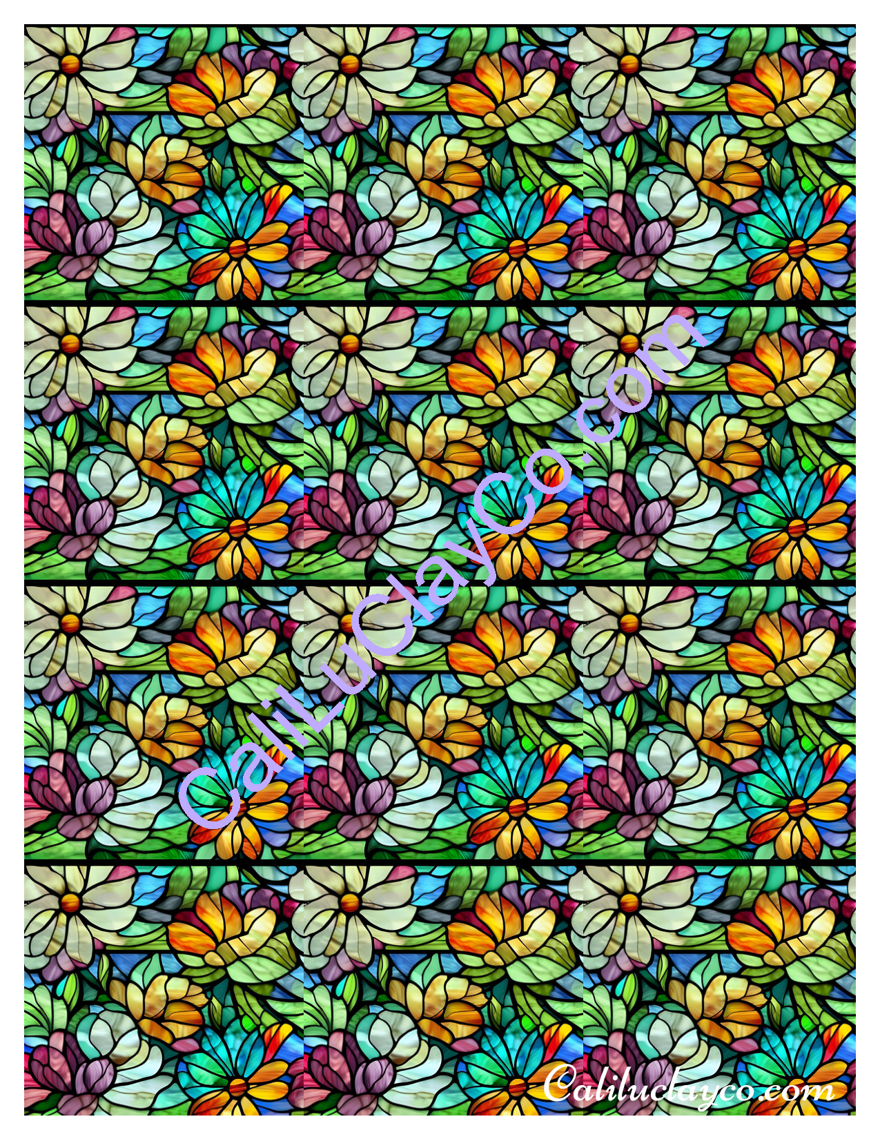 Floral Stained Glass #13 MULTI Left & Right Polymer Clay Water-Soluble Transfer Sheet / Tattoo Paper