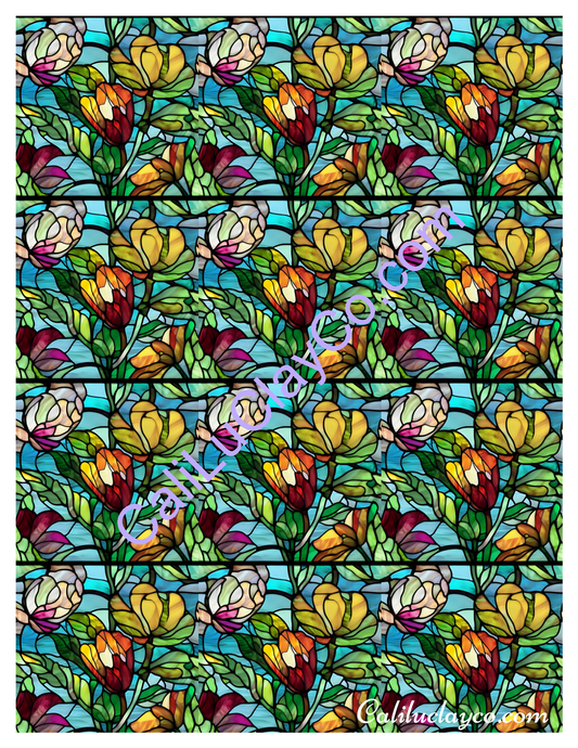 Floral Stained Glass #14 MULTI Left & Right Polymer Clay Water-Soluble Transfer Sheet / Tattoo Paper