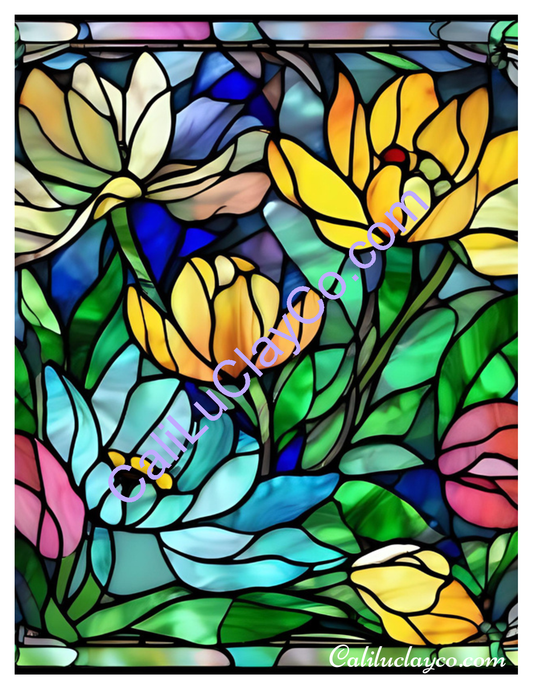 Floral Stained Glass #15 Left & Right Polymer Clay Water-Soluble Transfer Sheet / Tattoo Paper