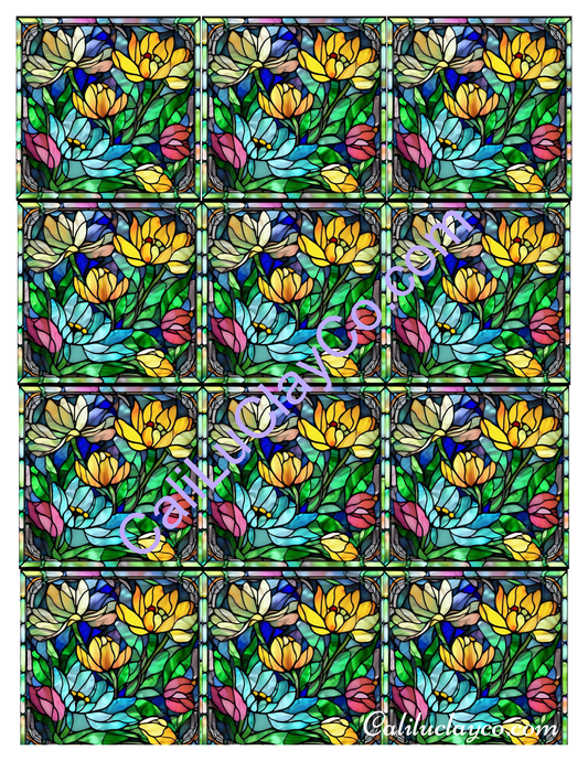 Floral Stained Glass #15 MULTI Left & Right Polymer Clay Water-Soluble Transfer Sheet / Tattoo Paper