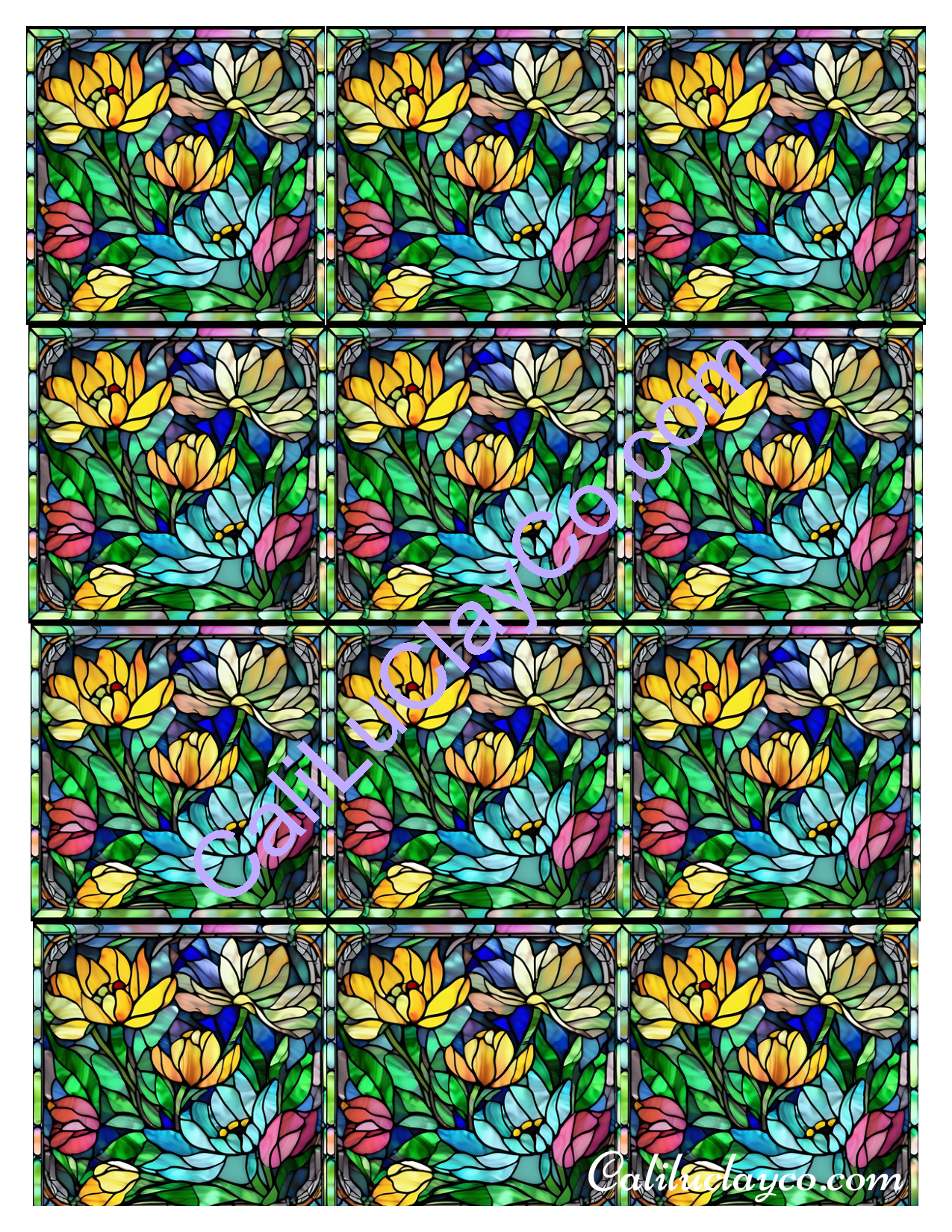 Floral Stained Glass #15 MULTI Left & Right Polymer Clay Water-Soluble Transfer Sheet / Tattoo Paper