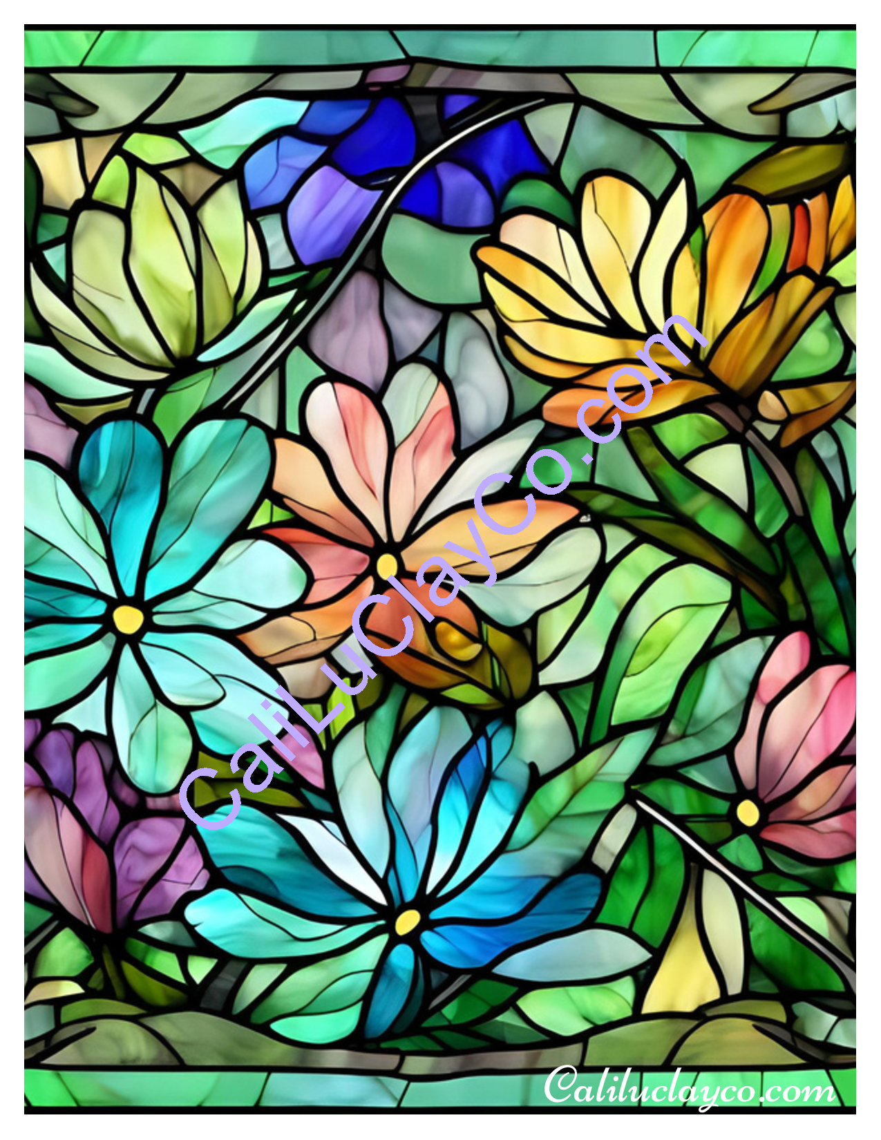 Floral Stained Glass #17 Left & Right Polymer Clay Water-Soluble Transfer Sheet / Tattoo Paper