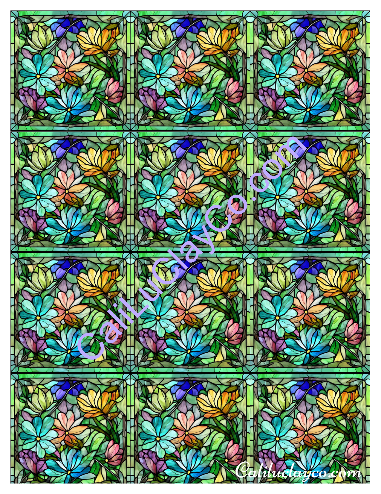 Floral Stained Glass #17 MULTI Left & Right Polymer Clay Water-Soluble Transfer Sheet / Tattoo Paper