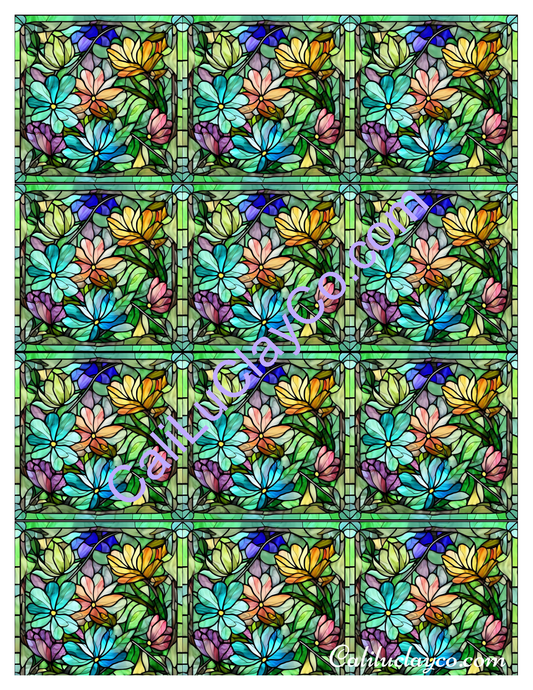 Floral Stained Glass #17 MULTI Left & Right Polymer Clay Water-Soluble Transfer Sheet / Tattoo Paper