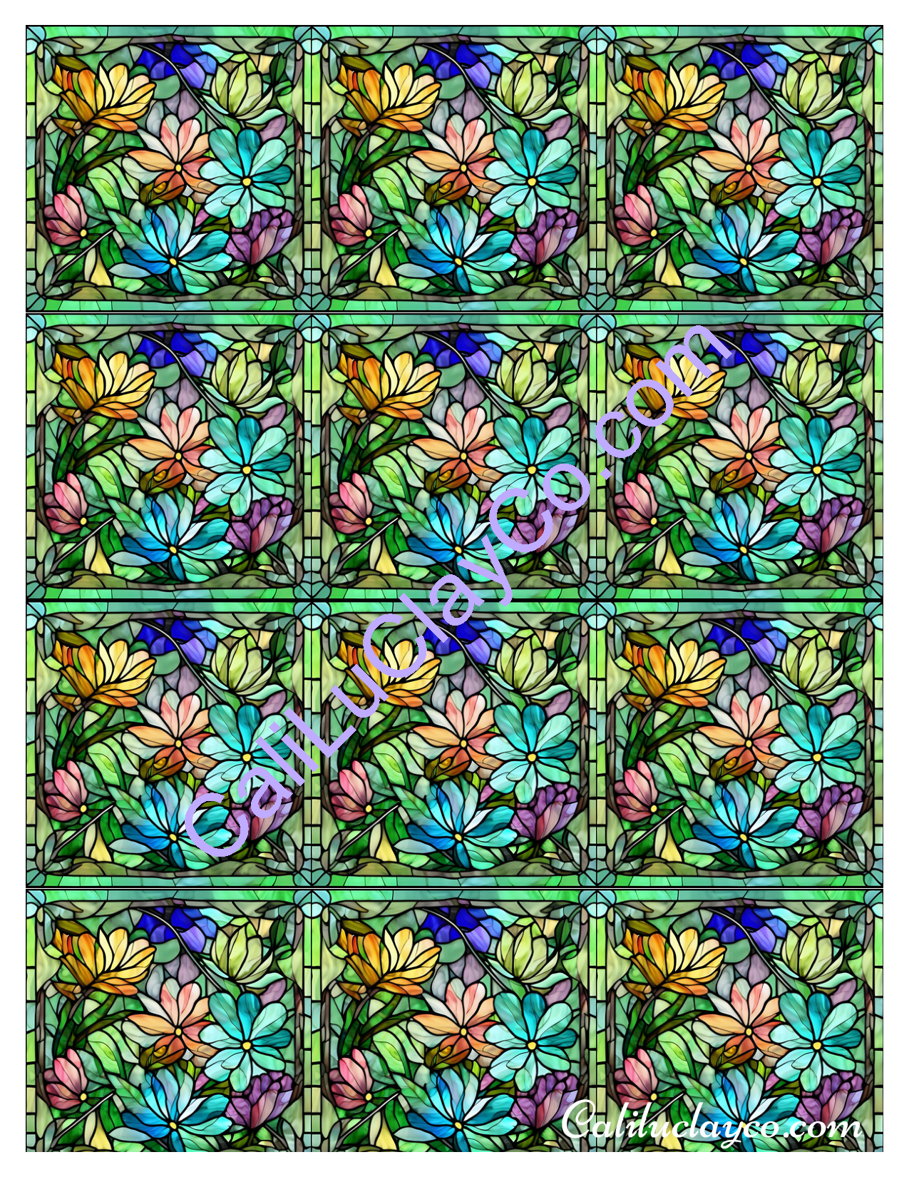 Floral Stained Glass #17 MULTI Left & Right Polymer Clay Water-Soluble Transfer Sheet / Tattoo Paper
