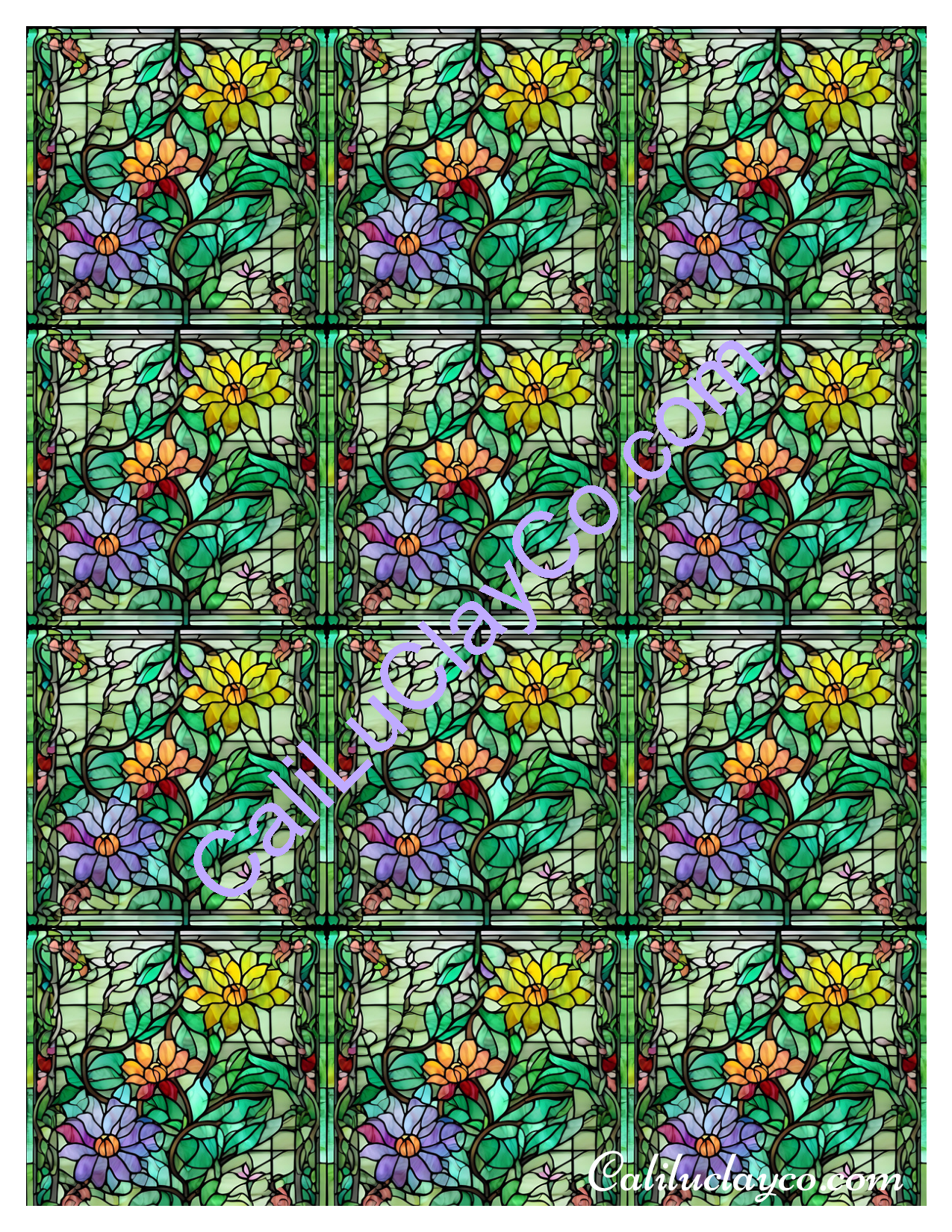 Floral Stained Glass #18 MULTI Left & Right Polymer Clay Water-Soluble Transfer Sheet / Tattoo Paper