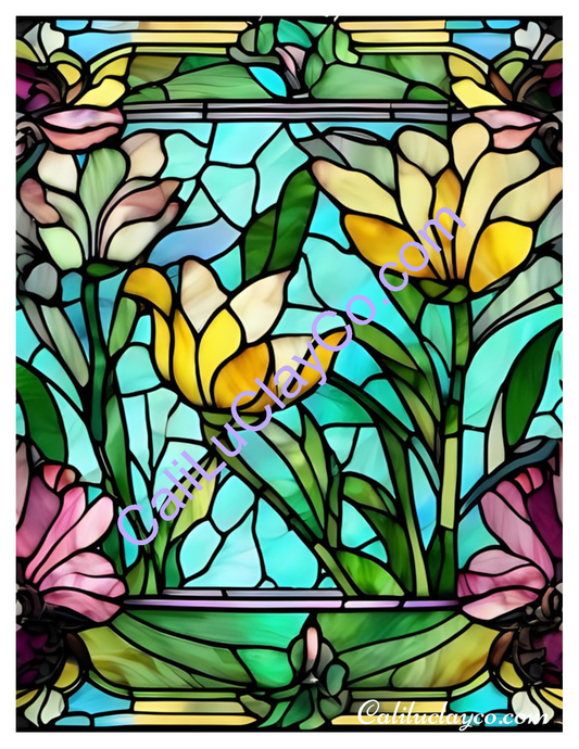 Floral Stained Glass #19 Left & Right Polymer Clay Water-Soluble Transfer Sheet / Tattoo Paper