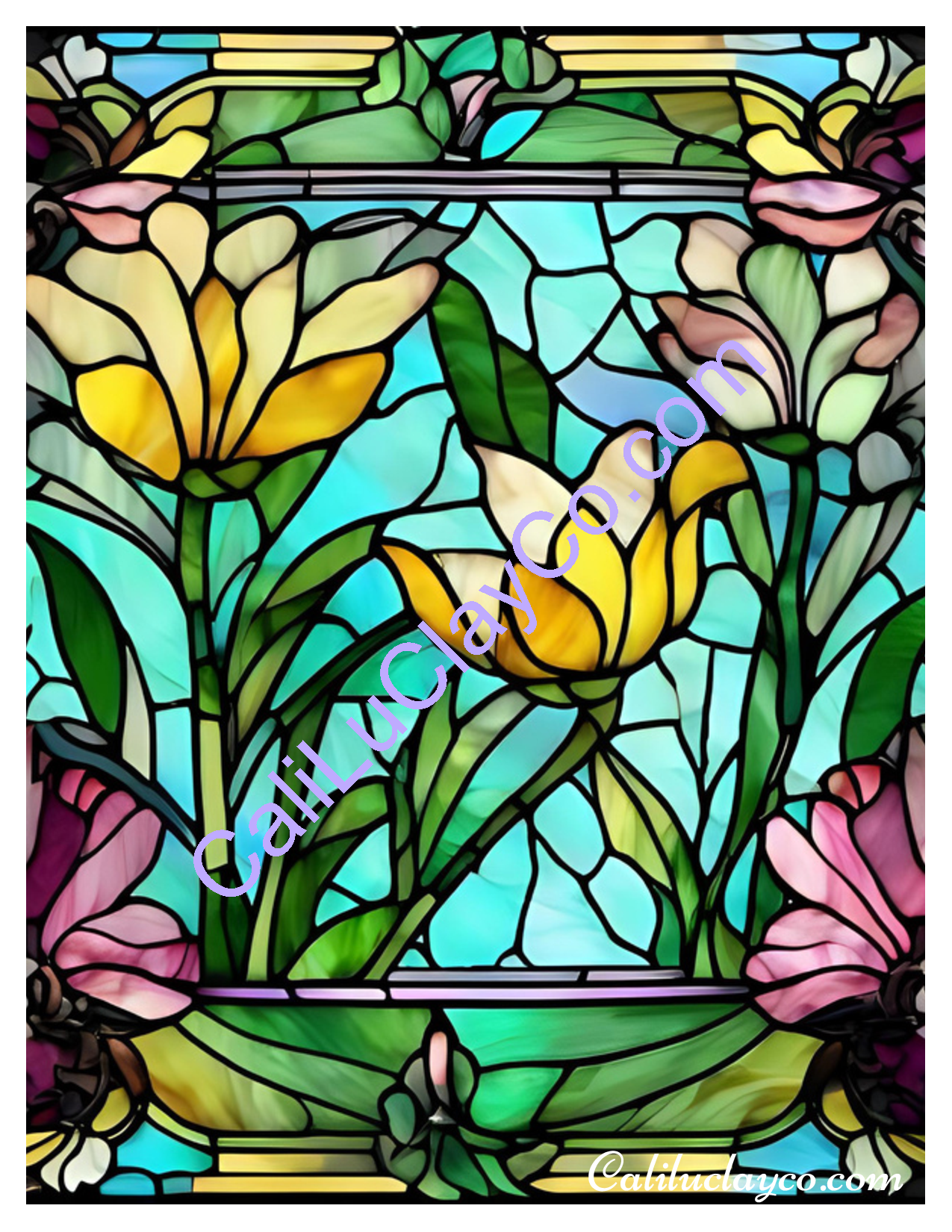 Floral Stained Glass #19 Left & Right Polymer Clay Water-Soluble Transfer Sheet / Tattoo Paper