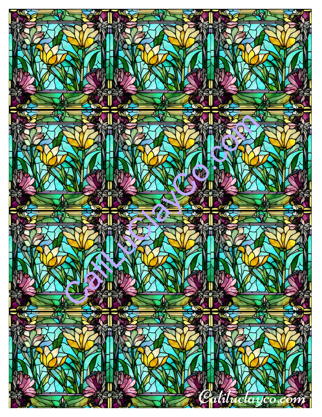 Floral Stained Glass #19 MULTI Left & Right Polymer Clay Water-Soluble Transfer Sheet / Tattoo Paper
