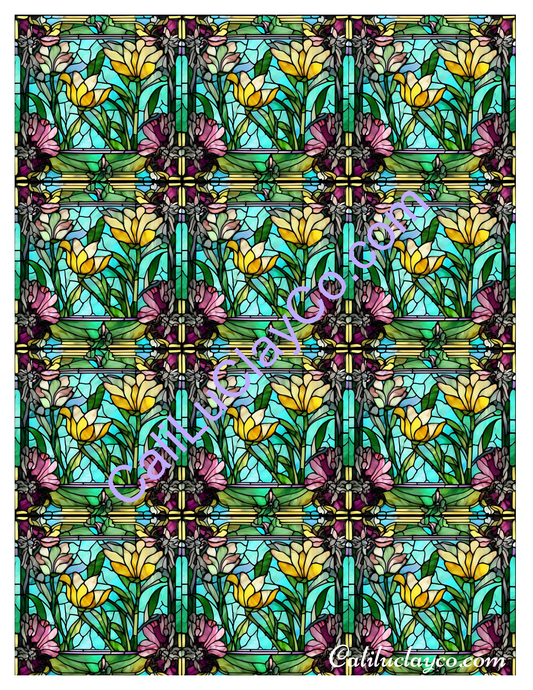 Floral Stained Glass #19 MULTI Left & Right Polymer Clay Water-Soluble Transfer Sheet / Tattoo Paper