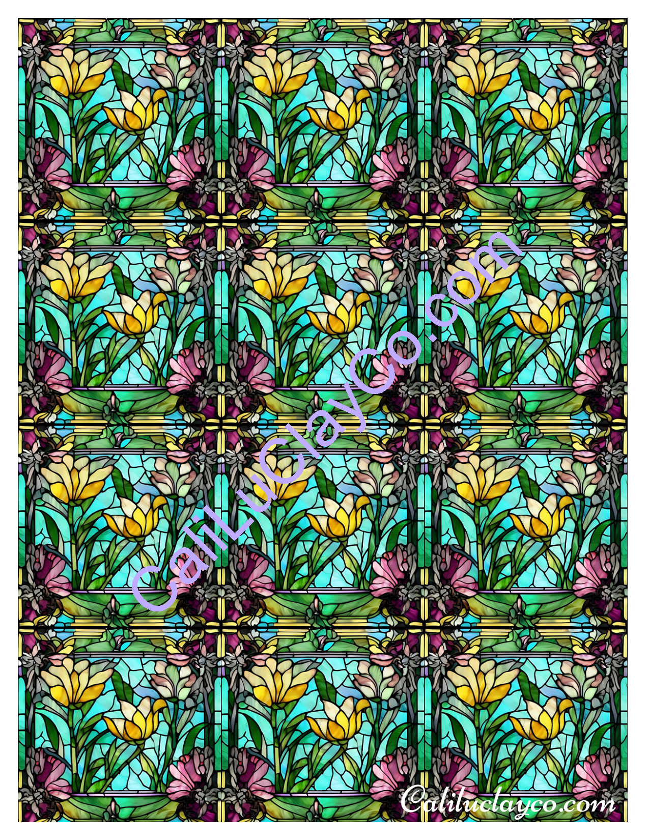 Floral Stained Glass #19 MULTI Left & Right Polymer Clay Water-Soluble Transfer Sheet / Tattoo Paper