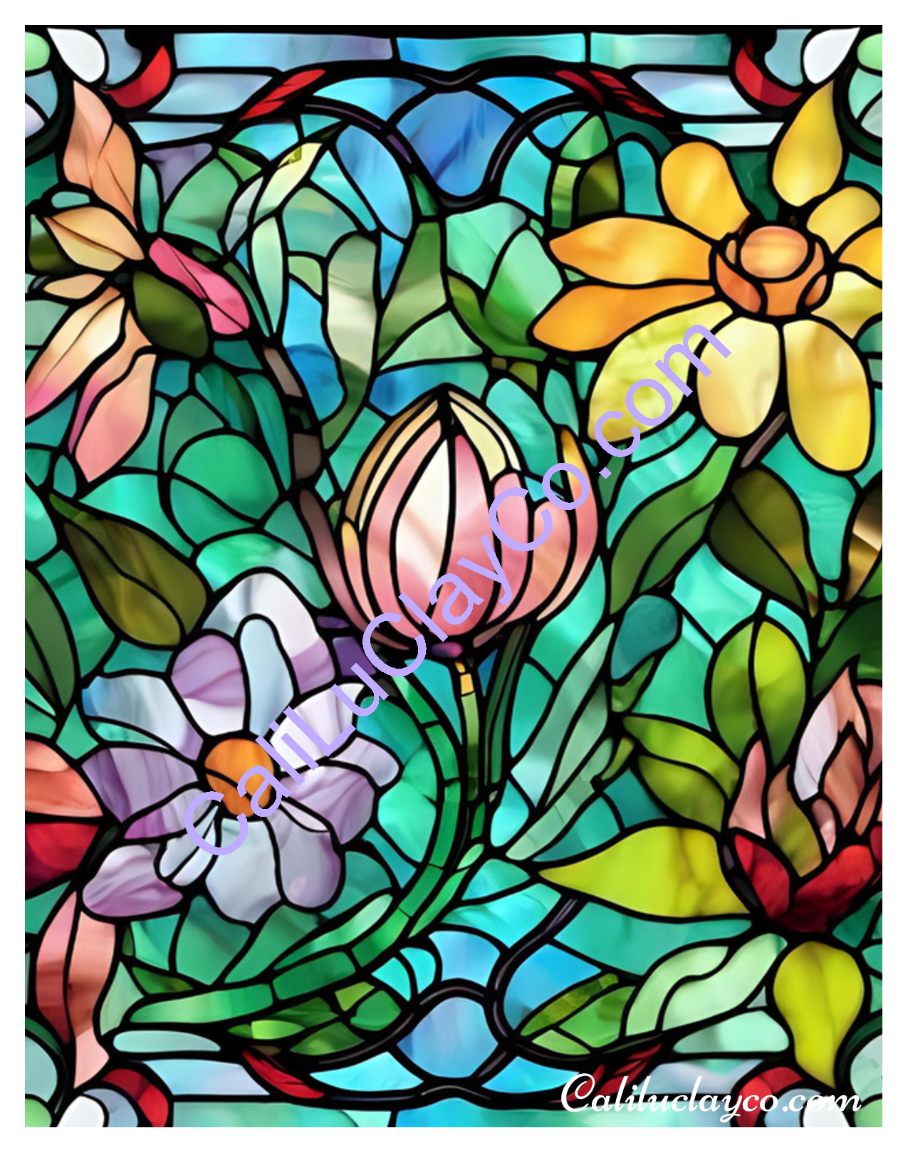 Floral Stained Glass #20 Left & Right Polymer Clay Water-Soluble Transfer Sheet / Tattoo Paper