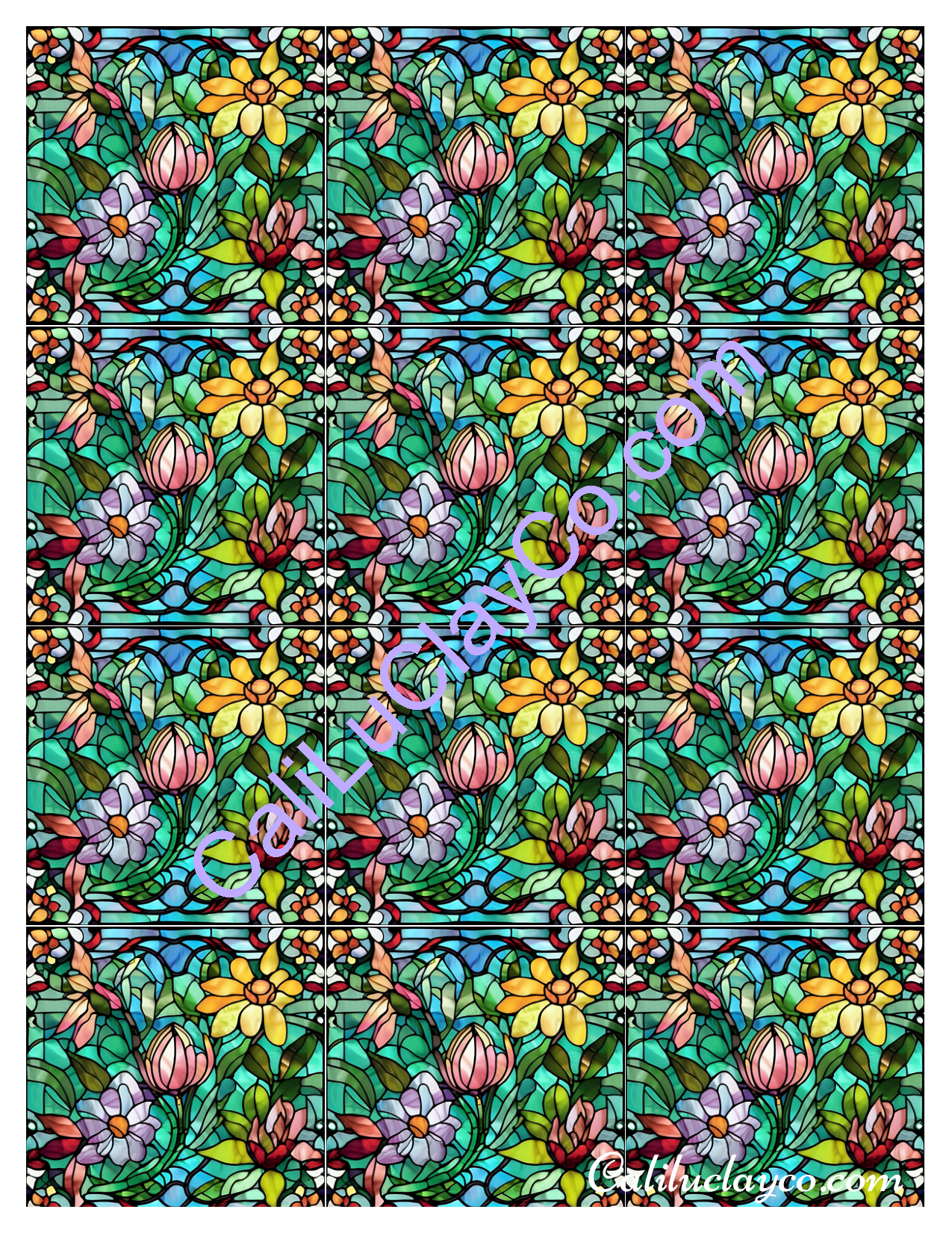 Floral Stained Glass #20 MULTI Left & Right Polymer Clay Water-Soluble Transfer Sheet / Tattoo Paper