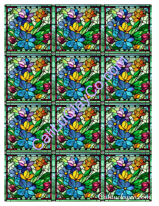 Floral Stained Glass #21 MULTI Left & Right Polymer Clay Water-Soluble Transfer Sheet / Tattoo Paper