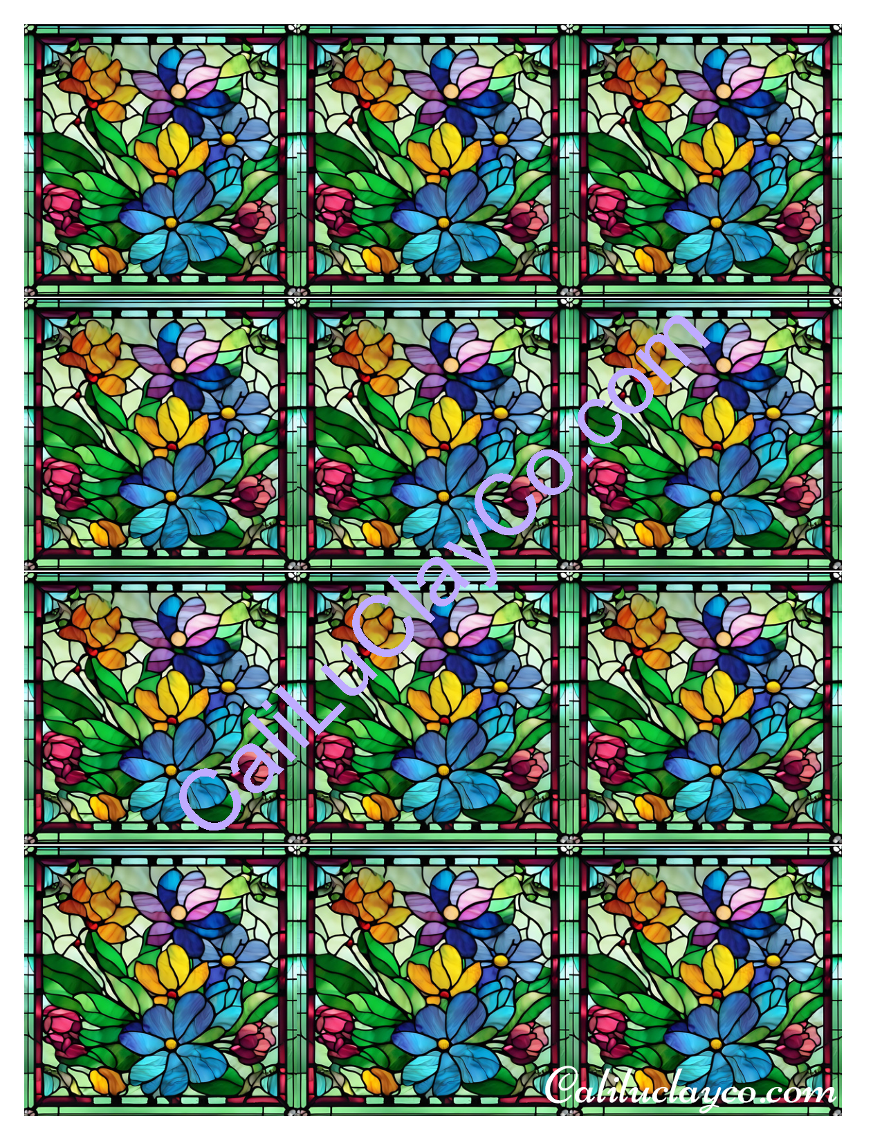 Floral Stained Glass #21 MULTI Left & Right Polymer Clay Water-Soluble Transfer Sheet / Tattoo Paper