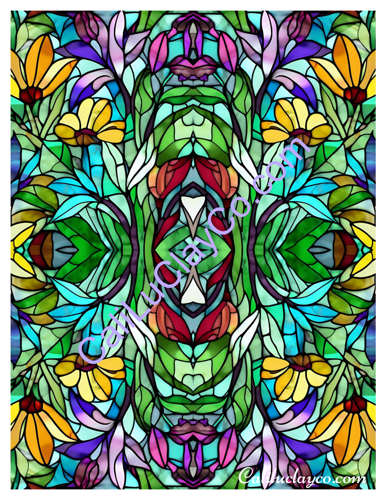 Floral Stained Glass #26 MIRRORED Left & Right Polymer Clay Water-Soluble Transfer Sheet / Tattoo Paper