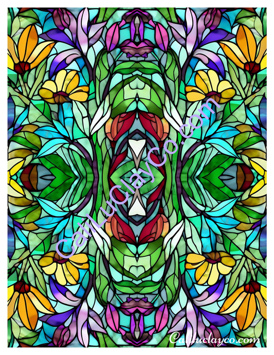 Floral Stained Glass #26 MIRRORED Left & Right Polymer Clay Water-Soluble Transfer Sheet / Tattoo Paper