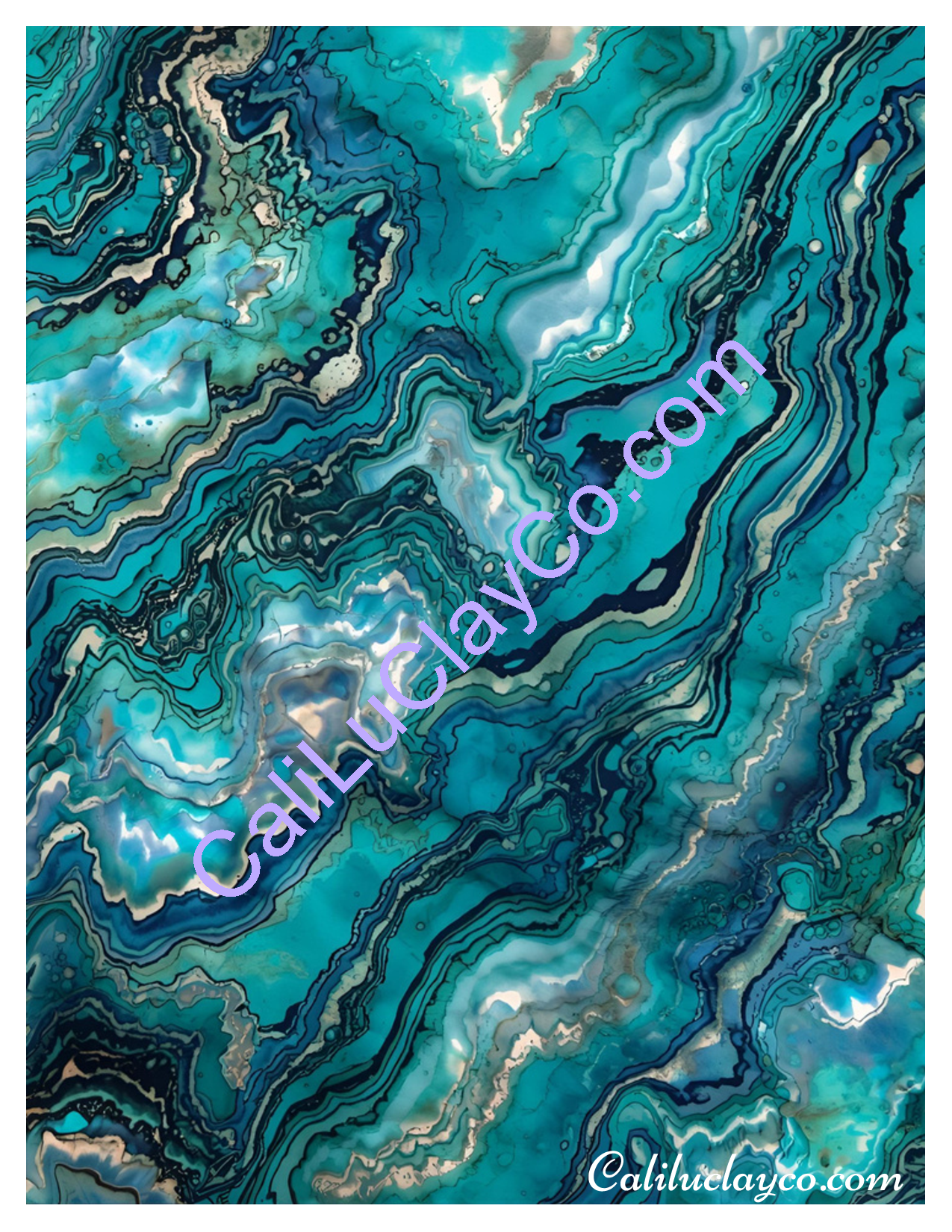 Teal & Gold Marbling #1 Left & Right Polymer Clay Water-Soluble Transfer Sheet / Tattoo Paper