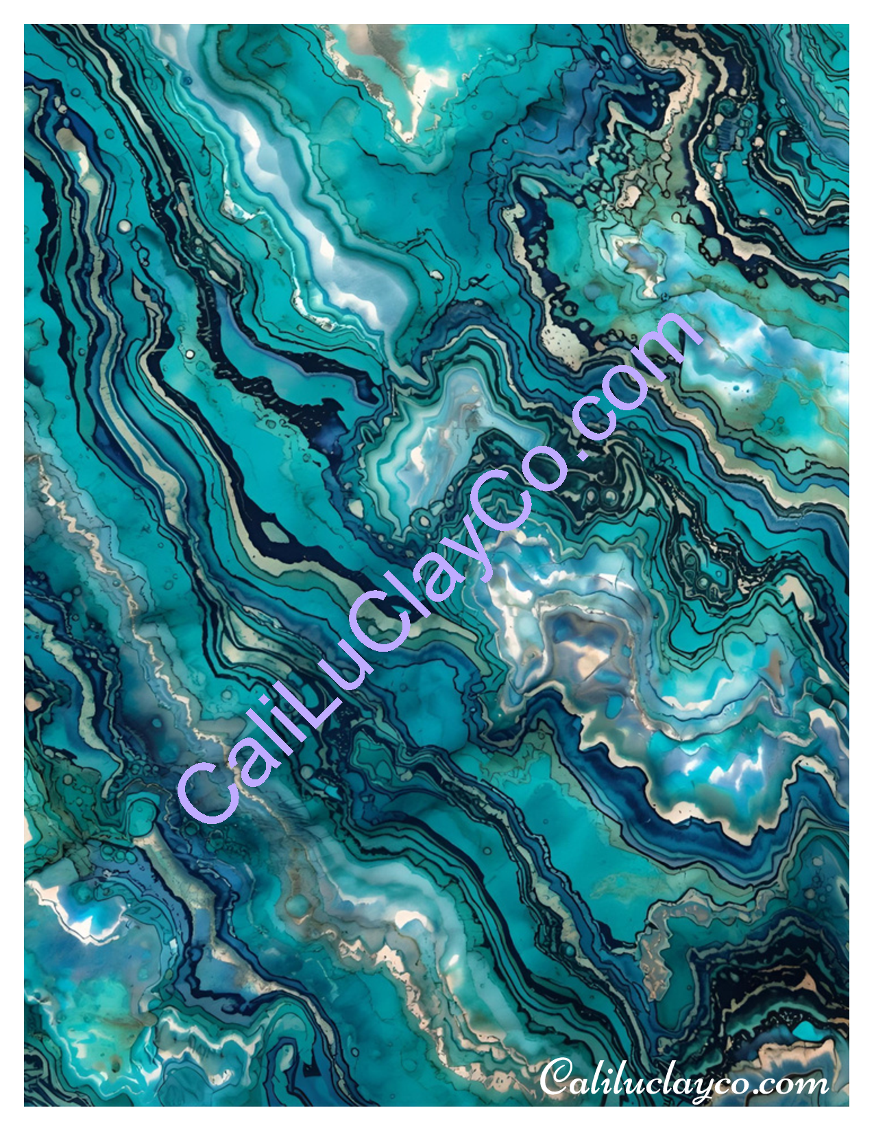 Teal & Gold Marbling #1 Left & Right Polymer Clay Water-Soluble Transfer Sheet / Tattoo Paper