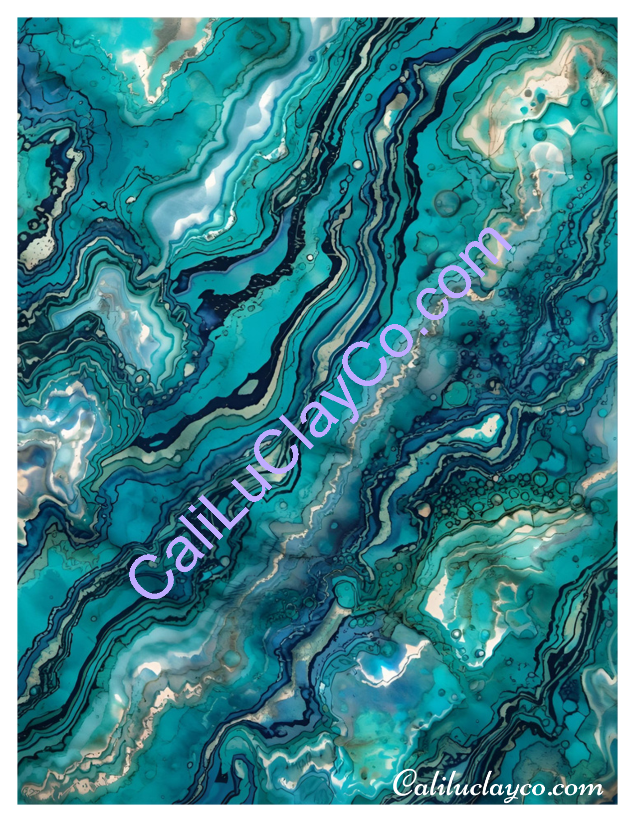 Teal & Gold Marbling #2 Left & Right Polymer Clay Water-Soluble Transfer Sheet / Tattoo Paper