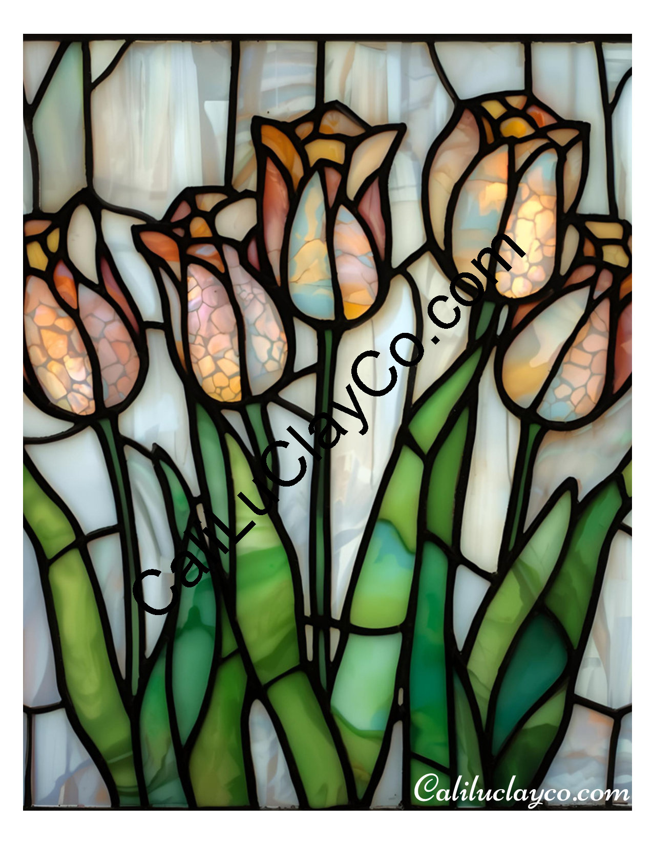 Tulips Stained Glass #3 Left & Right Polymer Clay Water-Soluble Transfer Sheet / Tattoo Paper