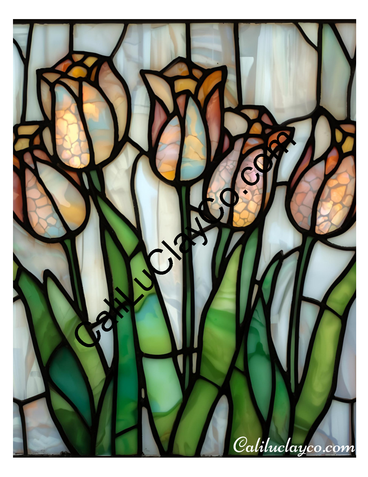 Tulips Stained Glass #3 Left & Right Polymer Clay Water-Soluble Transfer Sheet / Tattoo Paper