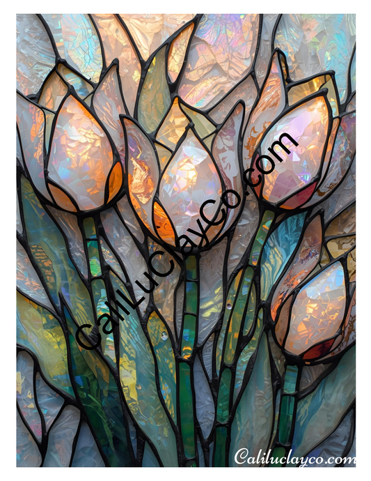 Tulips Stained Glass #4 Left & Right Polymer Clay Water-Soluble Transfer Sheet / Tattoo Paper