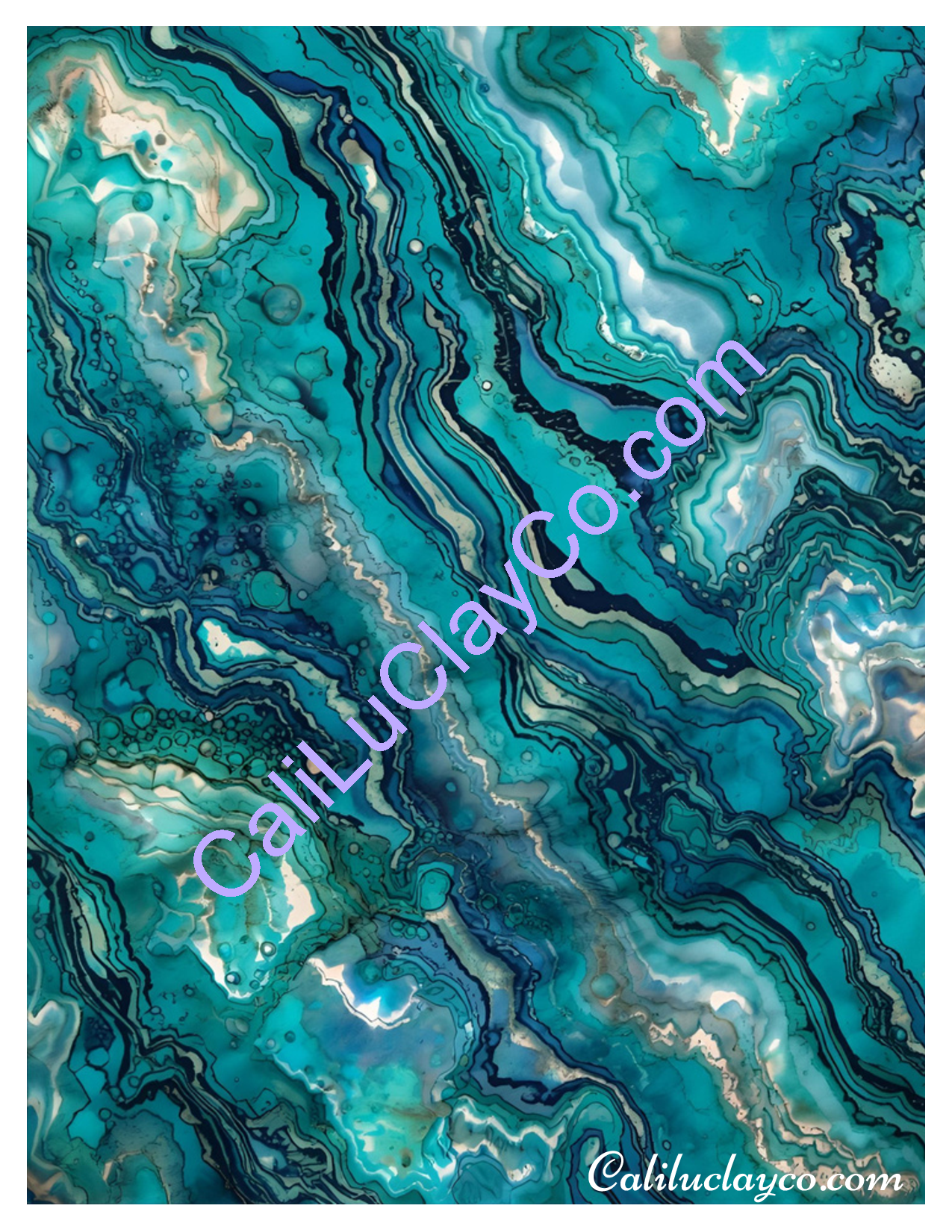 Teal & Gold Marbling #2 Left & Right Polymer Clay Water-Soluble Transfer Sheet / Tattoo Paper