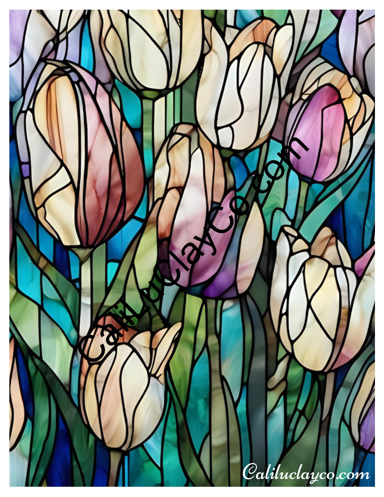 Tulips Stained Glass #7 Left & Right Polymer Clay Water-Soluble Transfer Sheet / Tattoo Paper