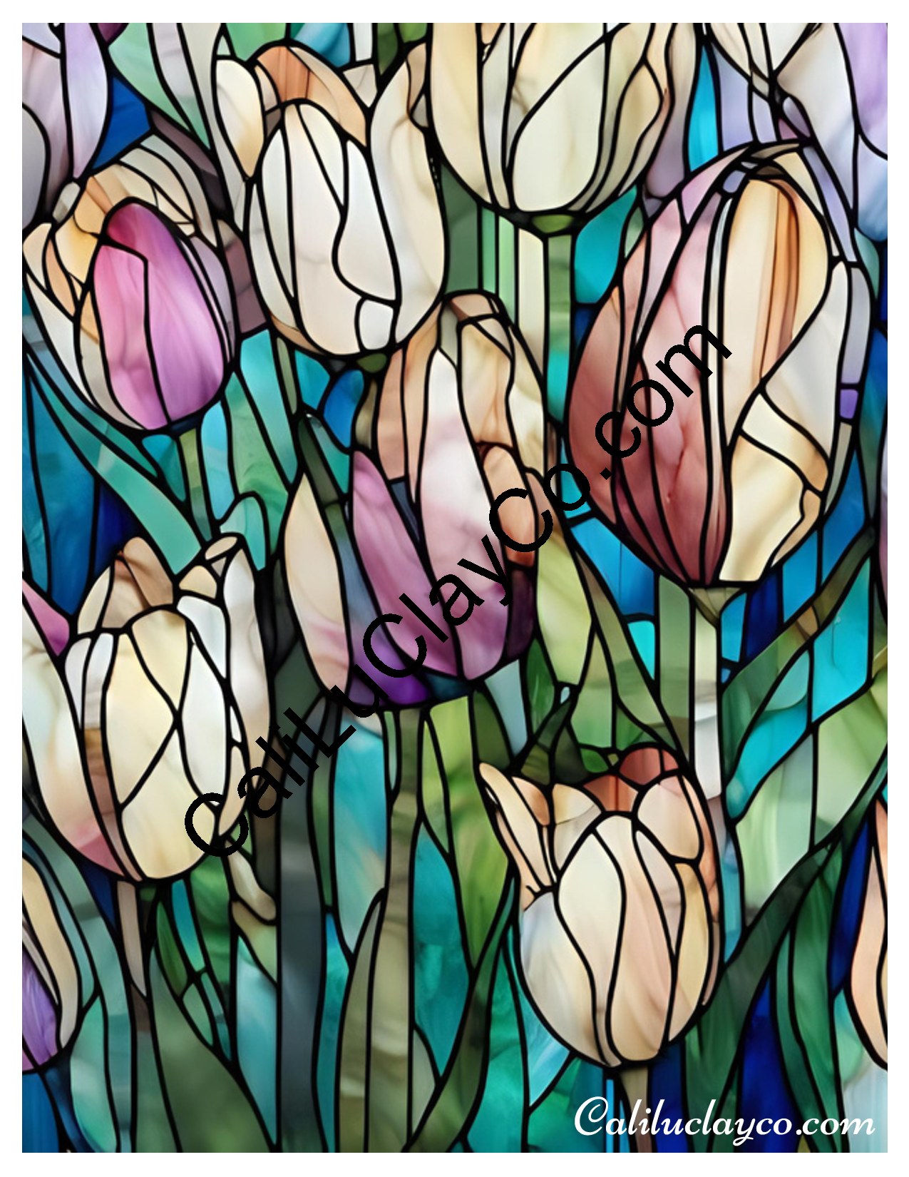 Tulips Stained Glass #7 Left & Right Polymer Clay Water-Soluble Transfer Sheet / Tattoo Paper