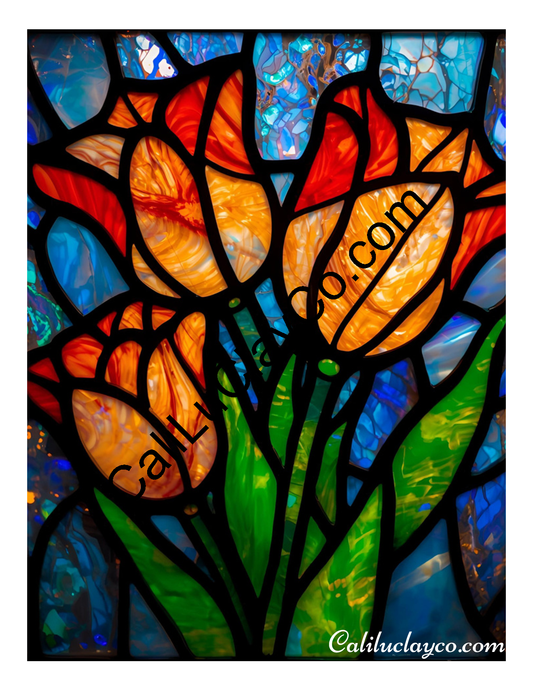Tulips Stained Glass #8 Left & Right Polymer Clay Water-Soluble Transfer Sheet / Tattoo Paper