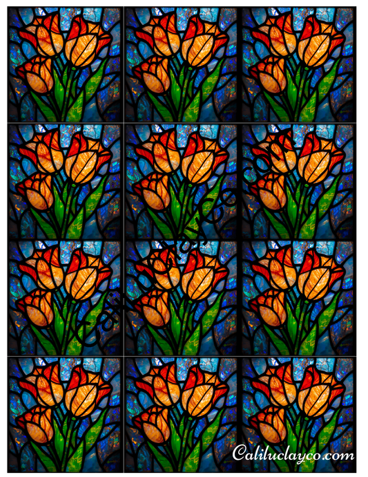 Tulips Stained Glass #8 MULTI Left & Right Polymer Clay Water-Soluble Transfer Sheet / Tattoo Paper