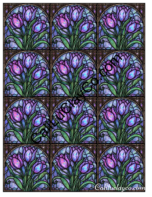 Tulips Stained Glass #15 Left & Right Polymer Clay Water-Soluble Transfer Sheet / Tattoo Paper