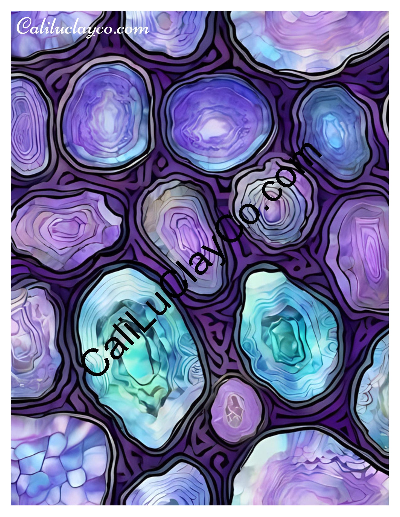 Purple & Teal Stones #5 Left & Right Polymer Clay Water-Soluble Transfer Sheet / Tattoo Paper