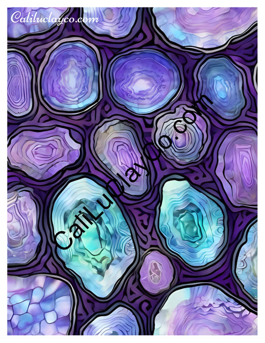 Purple & Teal Stones #5 Left & Right Polymer Clay Water-Soluble Transfer Sheet / Tattoo Paper
