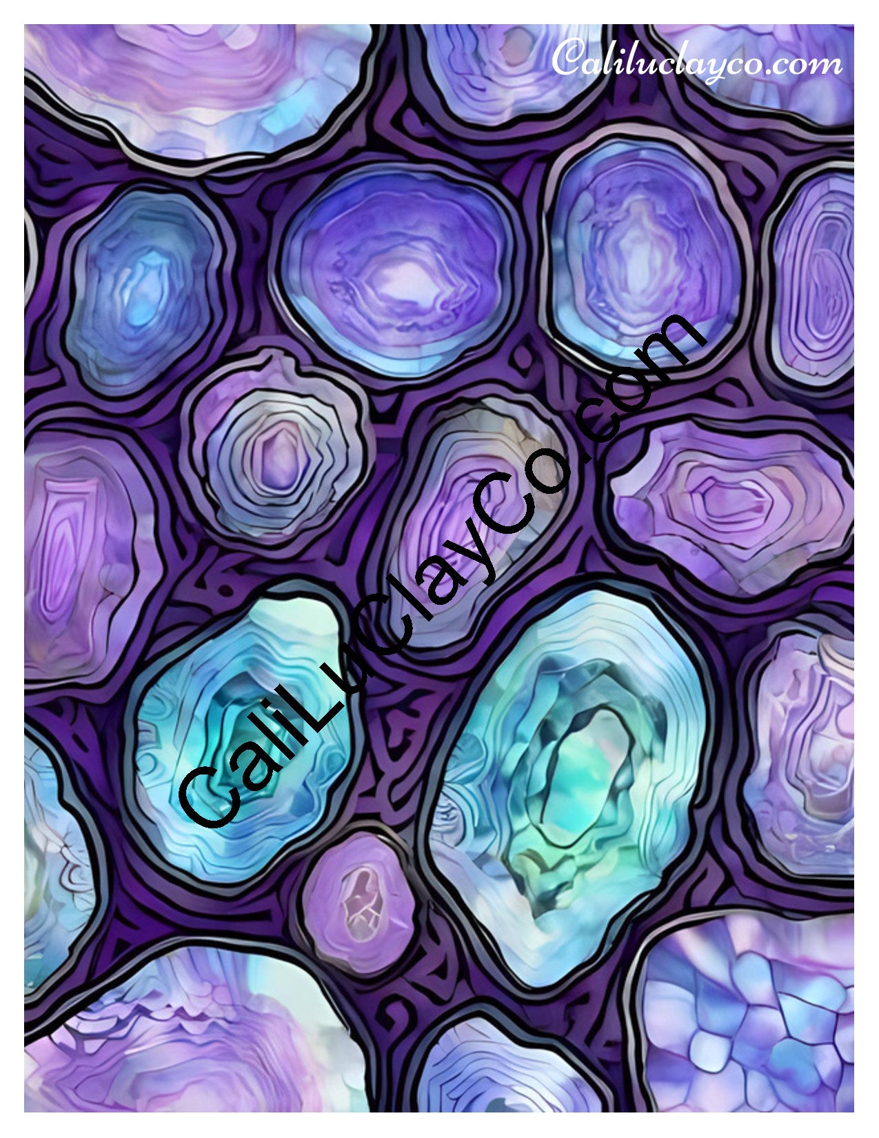 Purple & Teal Stones #5 Left & Right Polymer Clay Water-Soluble Transfer Sheet / Tattoo Paper
