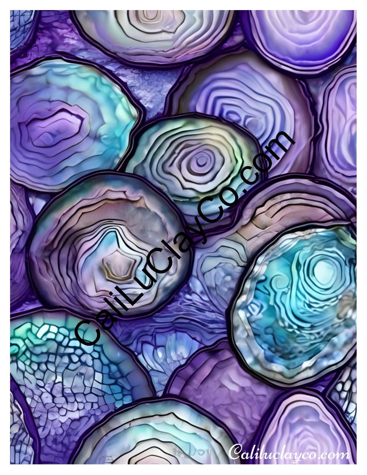Purple & Teal Stones #6 Left & Right Polymer Clay Water-Soluble Transfer Sheet / Tattoo Paper
