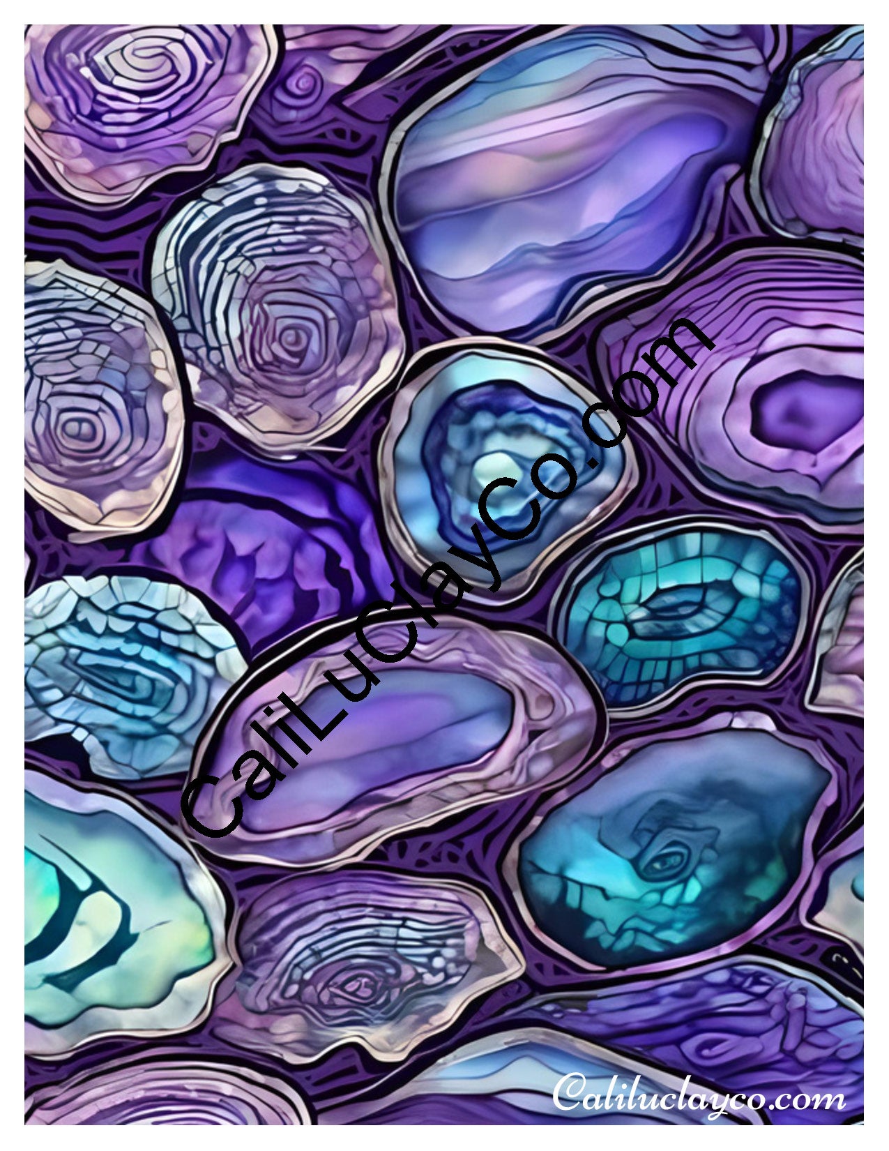 Purple & Teal Stones #42 Left & Right Polymer Clay Water-Soluble Transfer Sheet / Tattoo Paper