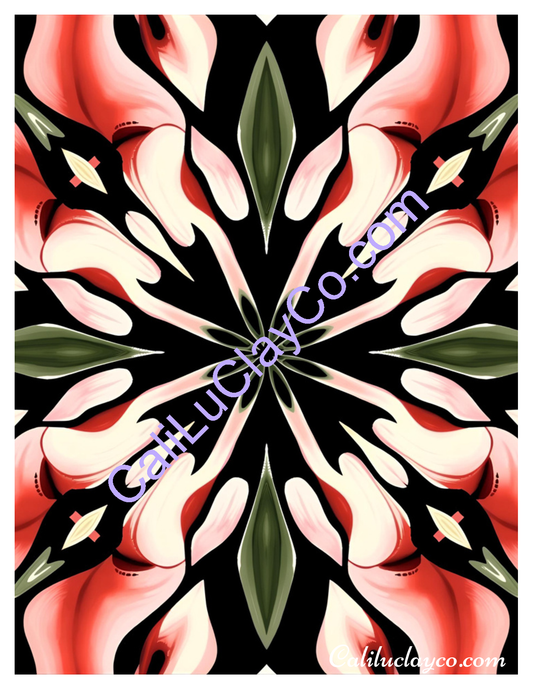 Red & Black Abstract Floral Design Original & Multi X12 Polymer Clay Water-Soluble Transfer Sheet / Tattoo Paper