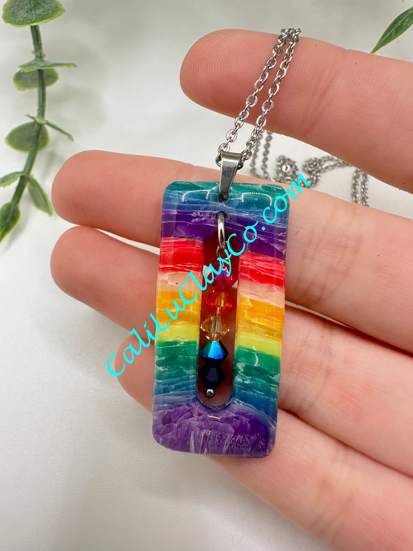 Rectagular Rainbow Chakra Pendant with Swarovski Crystals