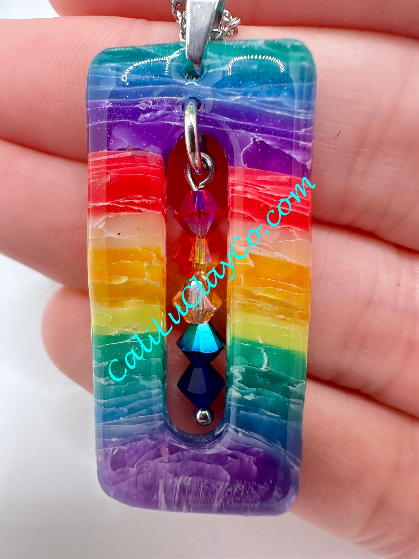 Rectagular Rainbow Chakra Pendant with Swarovski Crystals