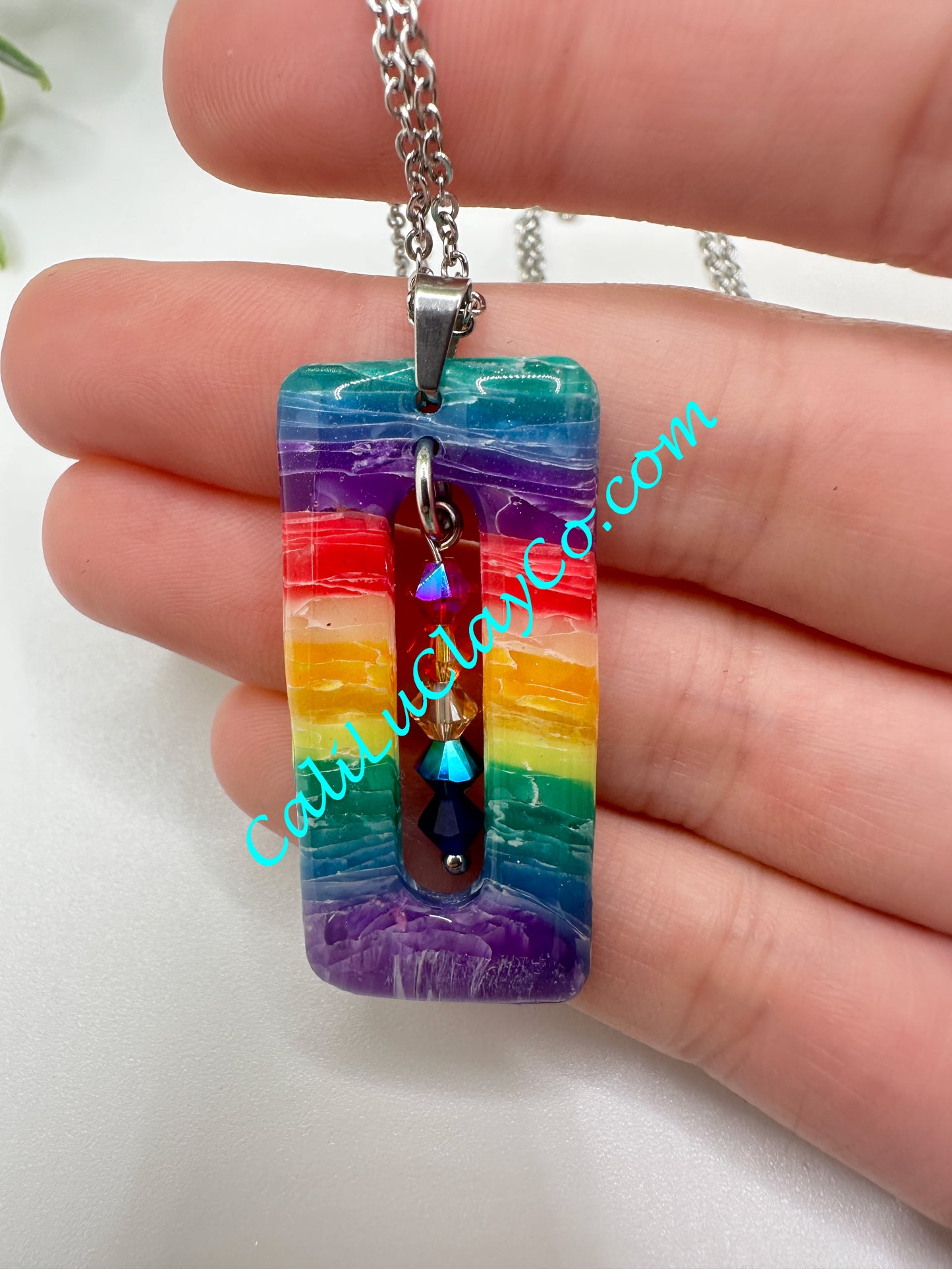 Rectagular Rainbow Chakra Pendant with Swarovski Crystals
