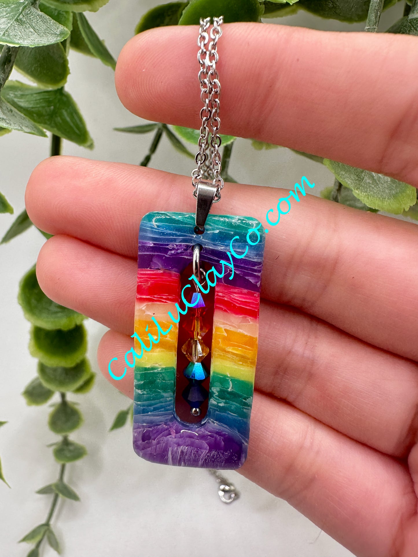 Rectagular Rainbow Chakra Pendant with Swarovski Crystals