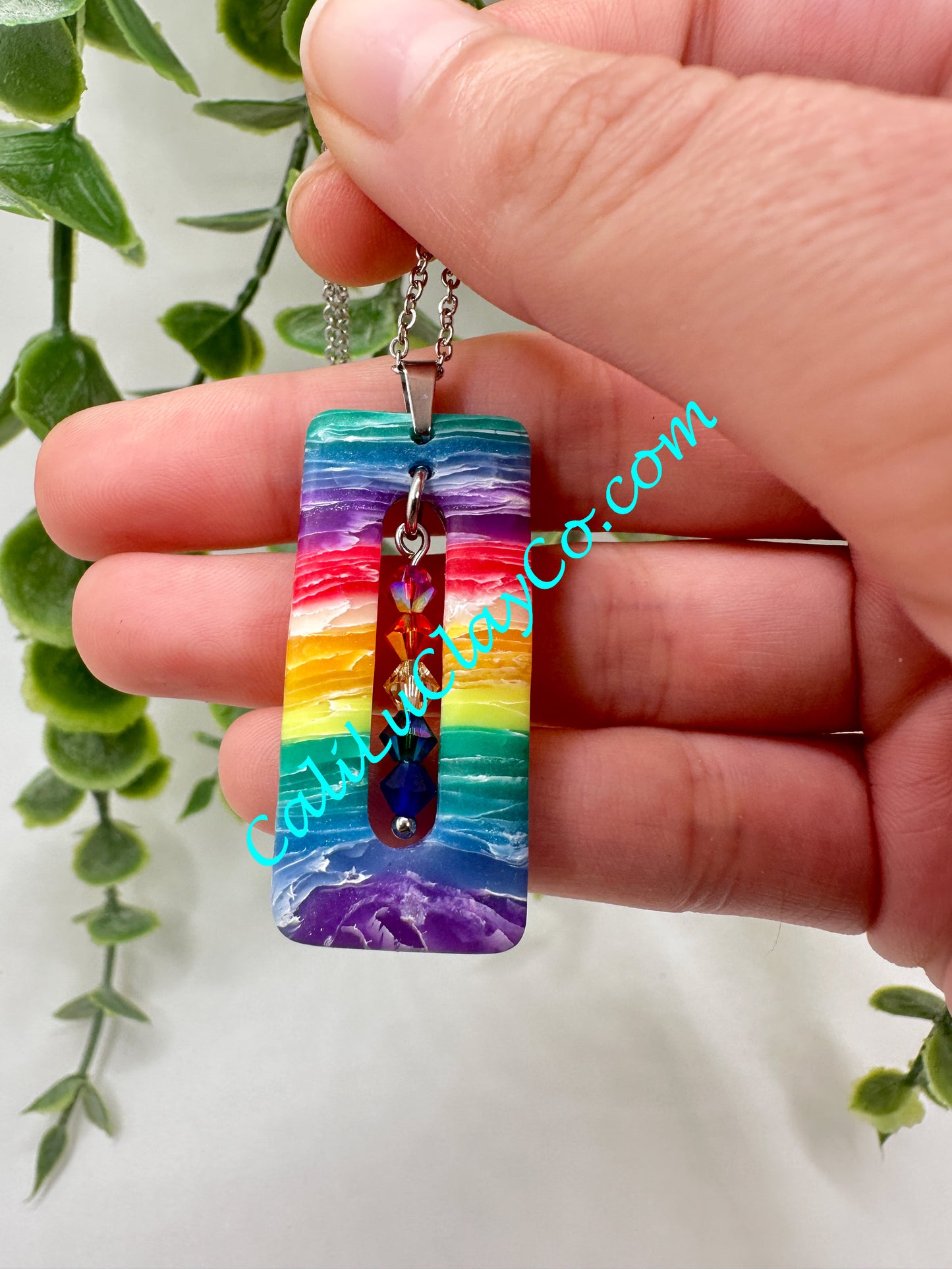 Rectagular Rainbow Chakra Pendant with Swarovski Crystals