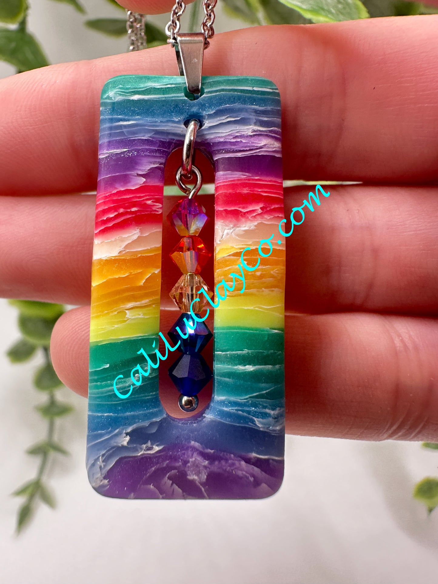 Rectagular Rainbow Chakra Pendant with Swarovski Crystals