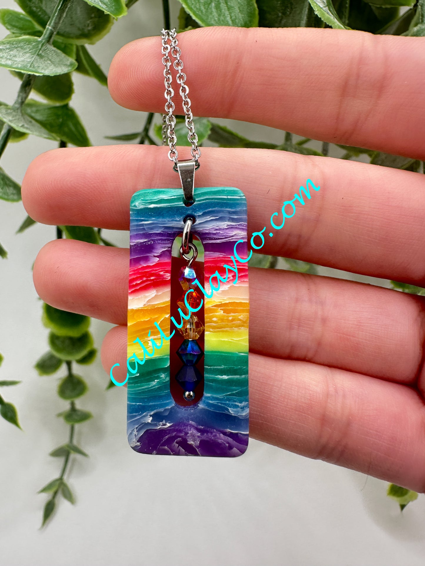 Rectagular Rainbow Chakra Pendant with Swarovski Crystals