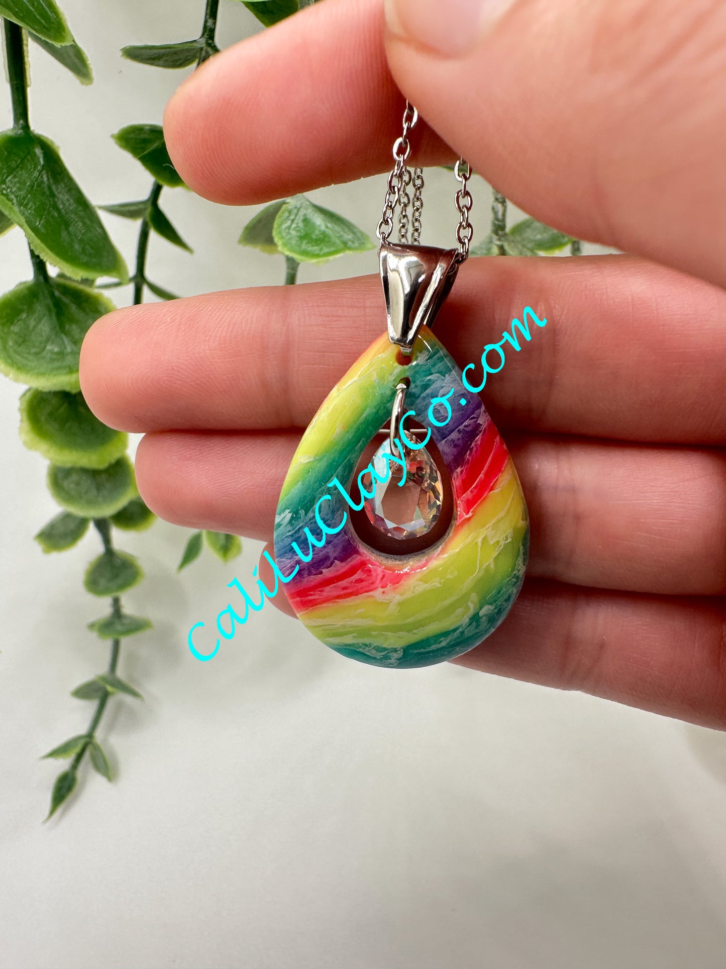 Neon Rainbow Teardrop Pendant with Swarovski Teardrop Necklace