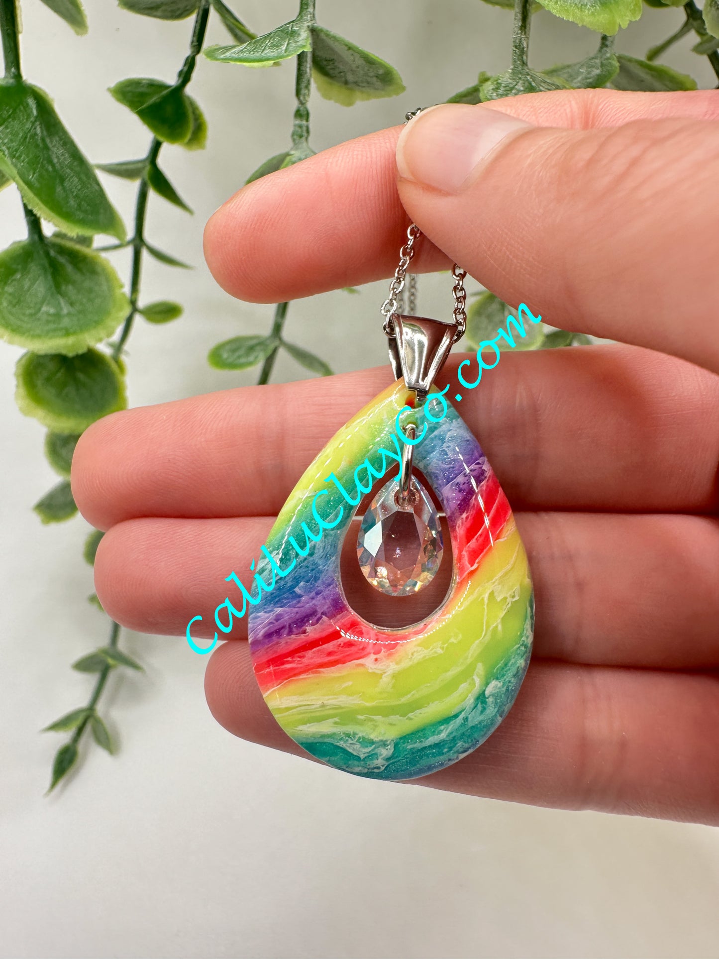 Neon Rainbow Teardrop Pendant with Swarovski Teardrop Necklace