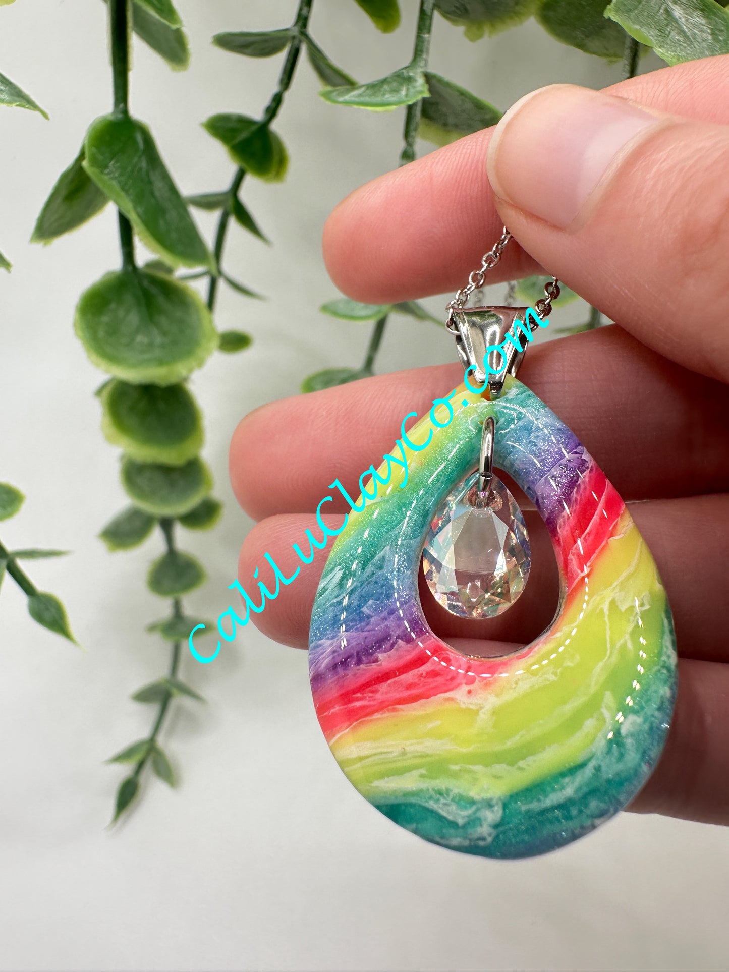 Neon Rainbow Teardrop Pendant with Swarovski Teardrop Necklace